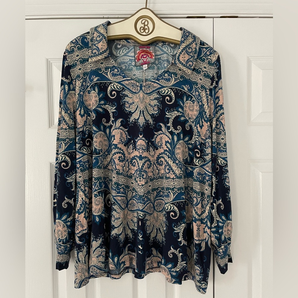 Johnny Was Blue and Cream Floral Top